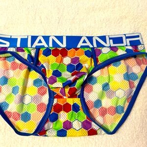 Andrew Christian briefs. XL mesh, multicolored pattern.